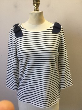 Womens, Top, KATE SPADE, White, Navy Blue, Cotton, Lycra, Stripes, S, Scoop Neck, 3/4 Sleeves, Navy Grosgrain Bows at Shoulders. Jersey Knit