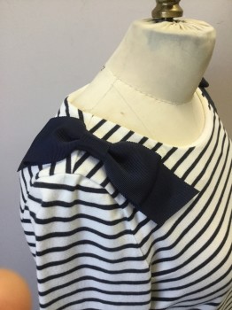KATE SPADE, White, Navy Blue, Cotton, Lycra, Stripes, Scoop Neck, 3/4 Sleeves, Navy Grosgrain Bows at Shoulders. Jersey Knit