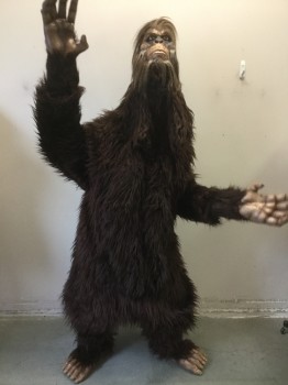 MTO, Dk Brown, Beige, Polyester, BIGFOOT Onesie, Head with Mask, Hands, Feet, Extra Fur Pieces, Onesie Center Back Zipper, Has Rubber Chest Under Tacked on Fur. If You Like This Look Feel Free to Remove the Fur Chest But Please Restore It Before It Comes Back. Model is 5'11" Could Be on a Much Taller Person