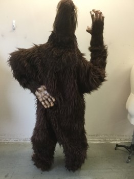 Unisex, Walkabout, MTO, Dk Brown, Beige, Polyester, XXL, BIGFOOT Onesie, Head with Mask, Hands, Feet, Extra Fur Pieces, Onesie Center Back Zipper, Has Rubber Chest Under Tacked on Fur. If You Like This Look Feel Free to Remove the Fur Chest But Please Restore It Before It Comes Back. Model is 5'11" Could Be on a Much Taller Person