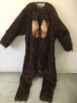 MTO, Dk Brown, Beige, Polyester, BIGFOOT Onesie, Head with Mask, Hands, Feet, Extra Fur Pieces, Onesie Center Back Zipper, Has Rubber Chest Under Tacked on Fur. If You Like This Look Feel Free to Remove the Fur Chest But Please Restore It Before It Comes Back. Model is 5'11" Could Be on a Much Taller Person