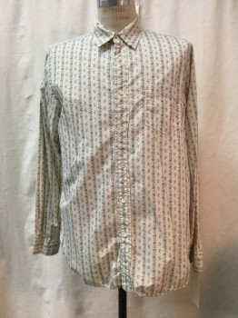 LUCKY BRAND, Beige, Slate Gray, Cotton, Floral, Stripes - Vertical , Button Front, Collar Attached, Long Sleeves, 1 Pocket,