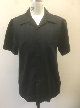 PRONTI, Black, Polyester, Stripes - Vertical , Self Stripe Texture Crepe, Short Sleeve Button Front, Collar Attached, 1 Patch Pocket, Oversized, Retro