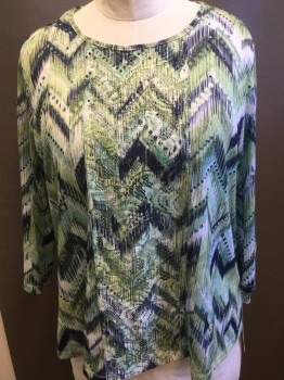 Womens, Top, ALFRED DUNNER, White, Navy Blue, Aqua Blue, Lime Green, Polyester, Spandex, Zig-Zag , 2X, Ballet Neck, Matching Material Lace Front Panel with Silver Studs, 3/4 Sleeves