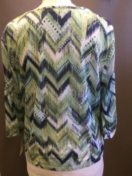 ALFRED DUNNER, White, Navy Blue, Aqua Blue, Lime Green, Polyester, Spandex, Zig-Zag , Ballet Neck, Matching Material Lace Front Panel with Silver Studs, 3/4 Sleeves