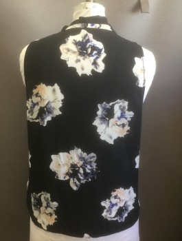 VINCE CAMUTO, Black, White, Peach Orange, Royal Blue, Gray, Polyester, Floral, Black with Abstract Photo Realistic Roses, Chiffon, Sleeveless, V-neck, Pleats at Neckline and Center Front