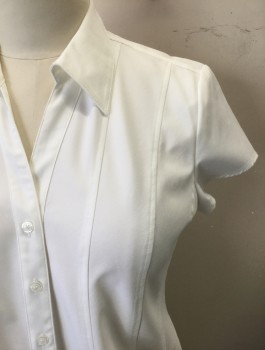 STYLE & CO, White, Polyester, Spandex, Solid, Cap Sleeve, Button Front, V-neck, Collar Attached, Vertical Flat Felled Seams Across Front, Fitted