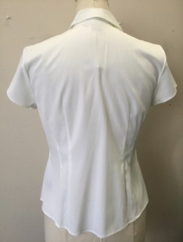 STYLE & CO, White, Polyester, Spandex, Solid, Cap Sleeve, Button Front, V-neck, Collar Attached, Vertical Flat Felled Seams Across Front, Fitted