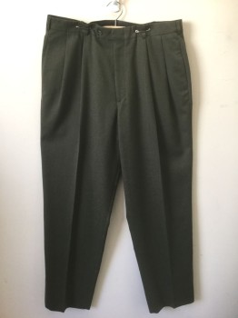 SLATES, Dk Olive Grn, Wool, Solid, Double Pleated, Button Tab Waist, Zip Fly, 4 Pockets, Relaxed Leg, 90's/00's