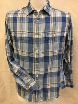 UNI QLO, Royal Blue, Slate Blue, Off White, Baby Blue, Cotton, Polyester, Plaid, Herringbone, Collar Attached, Button Front, 2 Pockets, Long Sleeves,