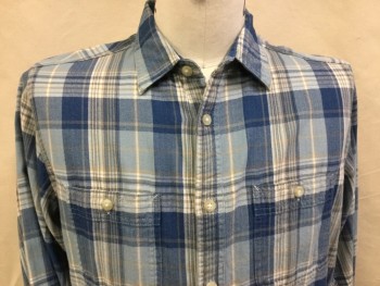 UNI QLO, Royal Blue, Slate Blue, Off White, Baby Blue, Cotton, Polyester, Plaid, Herringbone, Collar Attached, Button Front, 2 Pockets, Long Sleeves,