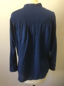 N/L, Navy Blue, Cotton, Solid, Navy Lightweight Cotton Batiste, Long Sleeves, 1/2 Way Button Placket, Round Neck with Ruffled Edge, Intricate Pintucks at Shoulders