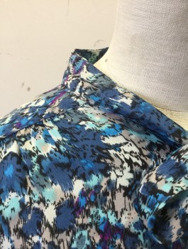 JOIE, Lt Blue, Gray, Navy Blue, White, Purple, Silk, Abstract , Crepe De Chine, Puffy Short Sleeves Gathered at Shoulders, Button Front, Band Collar with Pussy Bow Ties at Neck, Gathered at 3/4" Wide Self Waistband, Peplum Ruffle Hem
