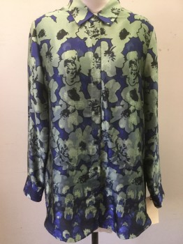 Womens, Blouse, BANANA REPUBLIC, Sea Foam Green, Black, Royal Blue, Gray, Polyester, Floral, L, Long Sleeves, Button Front, Collar Attached,