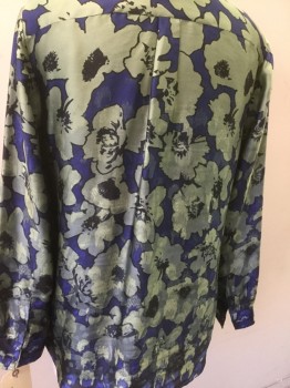BANANA REPUBLIC, Sea Foam Green, Black, Royal Blue, Gray, Polyester, Floral, Long Sleeves, Button Front, Collar Attached,