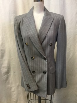 Womens, Blazer, CELINE, Lt Gray, White, Wool, Stripes - Pin, 10, Gray with Off White Vertical Pin Stripe, Peaked Notched Lapel, Double Breasted, 2 Pockets with Flaps,