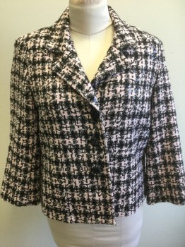 Womens, Blazer, NIPON BOUTIQUE, Lt Pink, Black, Iridescent Black, Polyester, Viscose, Plaid-  Windowpane, Abstract , 12, Light Pink and Black Textured/Patterned Weave with Black Tiny Sequins Throughout, Notched Lapel, 3 Black Jewelled Buttons, 3/4 Sleeves, Solid Black Lining