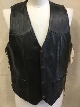 Mens, Leather Vest, UNIK, Black, Faded Black, Leather, Poly/Cotton, Solid, XL, (2 of Them:  44, 46) Black Aged & Distressed, Faded Black Lining, V-neck, Brass Snap Front, Yoke, 2 Pockets, Lacing on the Side, Buffalo Skull Embossed in the Back