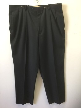 Mens, Slacks, GIORGIO FERRARO, Black, Polyester, Rayon, Solid, Ins:32, W:40+, Double Pleated, Button Tab Waist, Zip Fly, 4 Pockets, Relaxed Straight Leg **Has Been Taken In, Has Room to Let Out at Center Back Waist 1/7/2020