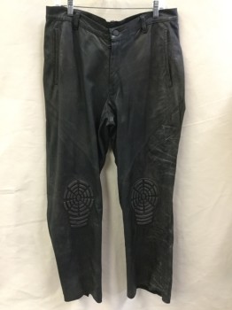 MTO, Black, Leather, Rubber, Solid, (3 of Them:  34/34, 34/32, 36/32) Black, 1" Waistband, Zip Front, 4 Pockets, Cut Out Rubber Fan-like @ Knee, (aged/distressed)