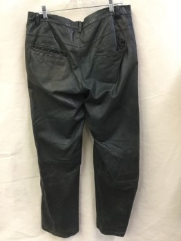 MTO, Black, Leather, Rubber, Solid, (3 of Them:  34/34, 34/32, 36/32) Black, 1" Waistband, Zip Front, 4 Pockets, Cut Out Rubber Fan-like @ Knee, (aged/distressed)