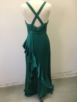 AIDAN MATTOX, Dk Green, Polyester, Solid, Satin, Sleeveless, 1" Wide Straps That Criss Cross in Back, Wrapped V-neck, Vertical Ruffle That Wraps Around Diagonally, Floor Length Hem