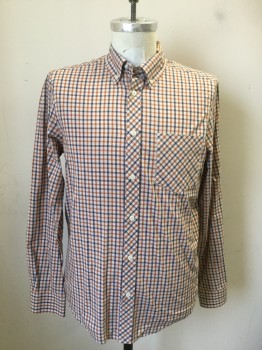 BEN SHERMAN, Oatmeal Brown, Burnt Orange, Black, Cotton, Check , Button Front, Collar Attached, Button Down Collar, Long Sleeves, 1 Pocket