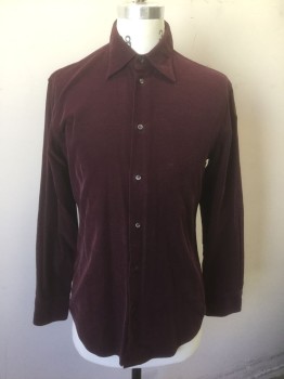GHERARDI, Red Burgundy, Cotton, Solid, Corduroy, Long Sleeve Button Front, Collar Attached, No Pockets