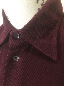 GHERARDI, Red Burgundy, Cotton, Solid, Corduroy, Long Sleeve Button Front, Collar Attached, No Pockets