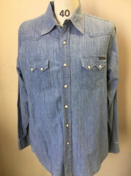 Mens, Western, CIVILIANAIRE, Denim Blue, Cotton, Solid, 36, 16.5, Collar Attached, Long Sleeves, White Snap Button Front, Pocket Flaps, White Top Stitching