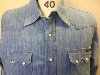 CIVILIANAIRE, Denim Blue, Cotton, Solid, Collar Attached, Long Sleeves, White Snap Button Front, Pocket Flaps, White Top Stitching