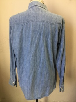 CIVILIANAIRE, Denim Blue, Cotton, Solid, Collar Attached, Long Sleeves, White Snap Button Front, Pocket Flaps, White Top Stitching