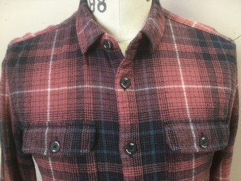 ASTRNEME, Faded Black, Dusty Pink, White, Dusty Blue, Cotton, Plaid, Long Sleeves, Flannel, Button Front, 2 Pockets with Flaps, Collar Attached, Large Black Plastic Buttons,
