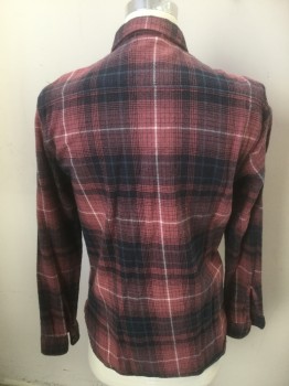 ASTRNEME, Faded Black, Dusty Pink, White, Dusty Blue, Cotton, Plaid, Long Sleeves, Flannel, Button Front, 2 Pockets with Flaps, Collar Attached, Large Black Plastic Buttons,