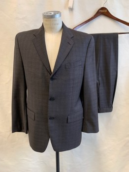 DKNY, Dk Brown, Gray, Wool, Heathered, Grid , Heather Dark Brown with Gray Grid, Single Breasted, Collar Attached, Notched Lapel, 3 Buttons,  3 Pockets