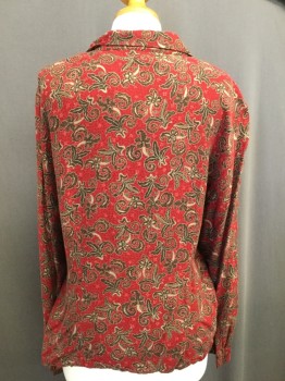 SAG HARBOR, Red, Brown, Khaki Brown, Rayon, Novelty Pattern, Button Front, Collar Attached, Long Sleeves,leave/flower Print