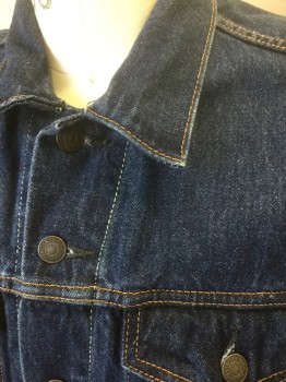 Mens, Jean Jacket, LEVI'S, Denim Blue, Cotton, Solid, M, Medium Blue Denim, Long Sleeves, Button Front, Collar Attached, 4 Pockets, Tan Top Stitching