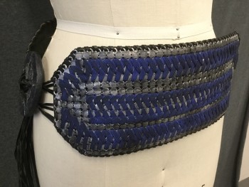 Unisex, Sci-Fi/Fantasy Belt, MTO, Silver, Black, Blue, Leather, Metallic/Metal, 31, Black Leather, Braided with Blue Aged Elastic, Small Square Metal Medallions Attached, Circular Wooden Medallions on Sides, Painted with Symbols, Black Leather Straps Woven Through Circles and Draping Below Knee, No Closures