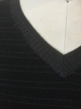 Mens, Pullover Sweater, KALVIN KLEIN, Black, Gray, Wool, Stripes - Horizontal , M, V-neck, Grey V-neck and Cuffs