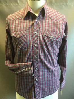 WRANGLER, Red Burgundy, Green, Navy Blue, Yellow, White, Cotton, Polyester, Plaid, Snap Front, 2 Pockets, Long Sleeves,