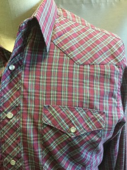 WRANGLER, Red Burgundy, Green, Navy Blue, Yellow, White, Cotton, Polyester, Plaid, Snap Front, 2 Pockets, Long Sleeves,