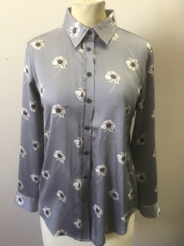 BANANA REPUBLIC, Gray, White, Black, Beige, Red, Polyester, Floral, Gray Shiny Crepe with White/Black/Beige/Etc Dandylion Flowers Pattern, Long Sleeve Button Front, Collar Attached