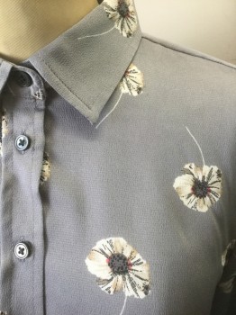 BANANA REPUBLIC, Gray, White, Black, Beige, Red, Polyester, Floral, Gray Shiny Crepe with White/Black/Beige/Etc Dandylion Flowers Pattern, Long Sleeve Button Front, Collar Attached