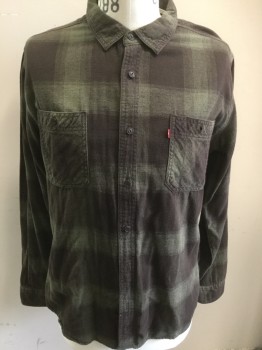 LEVI'S, Olive Green, Dk Brown, Cotton, Plaid-  Windowpane, Long Sleeves, Button Front, Flannel, 2 Pockets, Collar Attached,