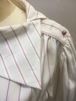 KOSTANZA, Off White, Mauve Purple, Polyester, Stripes - Vertical , Off White with Mauve and Self Vertical Striped Satin, Long Sleeves, 3 Mauve Button Closures at Shoulder, Asymmetric Cowl Neck with Pointed End, Puffy Sleeves Gathered at Shoulders, **Missing Several Original Buttons