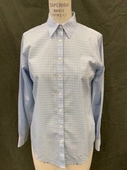 BROOKS BROTHERS, Lt Blue, White, Cotton, Grid , Button Front, Collar Attached, Long Sleeves, Button Cuff