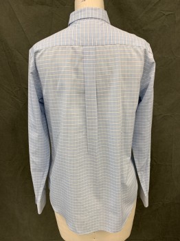 BROOKS BROTHERS, Lt Blue, White, Cotton, Grid , Button Front, Collar Attached, Long Sleeves, Button Cuff