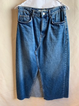 Womens, Skirt, Long, TOPSHOP, Denim Blue, Cotton, Solid, Faded, 6, Long Jean Skirt, Slightly Faded Blue, 5 Pockets, Zip Fly, Belt Loops, Cut Out V on the Bottom Front of Skirt,