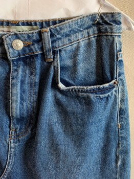 Womens, Skirt, Long, TOPSHOP, Denim Blue, Cotton, Solid, Faded, 6, Long Jean Skirt, Slightly Faded Blue, 5 Pockets, Zip Fly, Belt Loops, Cut Out V on the Bottom Front of Skirt,