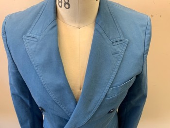 DOLCE & GABBANA, Blue, Cotton, Elastane, Solid, Double Breasted, Peaked Lapel, 3 Pockets,